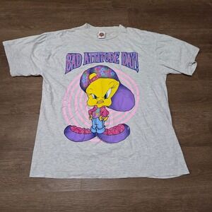 Vintage 1998 Looney Tunes Tweety Bird Bad Attitude Day T-Shirt Grey XL 90s WB